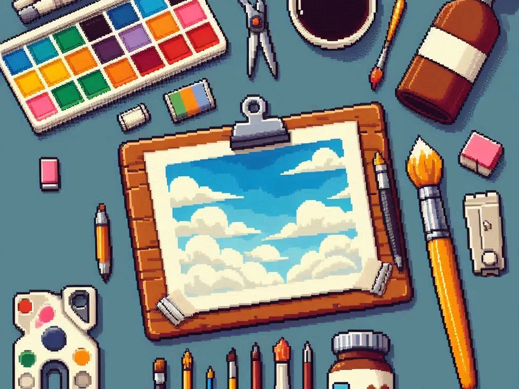 A pixel art style drawing and art supplies